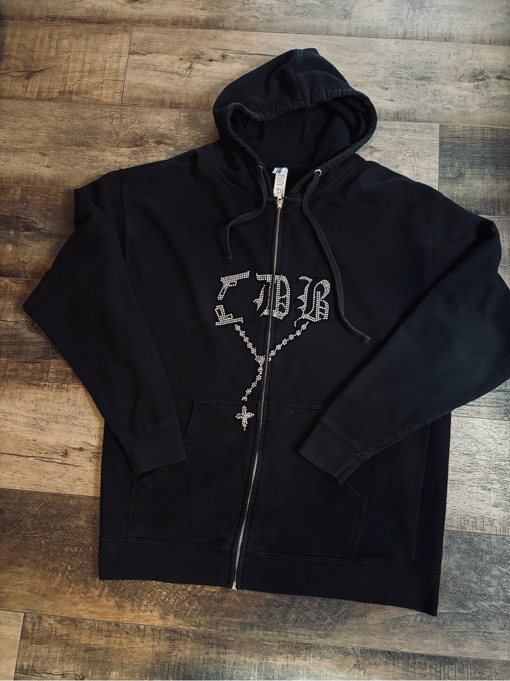 Men's Black Zip-Up Hoodie with Rhinestone Cross Detail